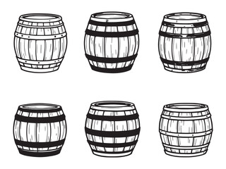 Wooden barrel line art vector set