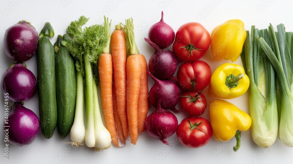 Poster fresh fruits and vegetables displayed in vibrant colors create a stunning rainbow effect against a c