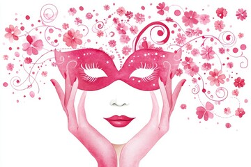 Pink Masquerade Mystery - Watercolor painting of a woman's face partially hidden by a pink masquerade mask, surrounded by pink flowers and swirls