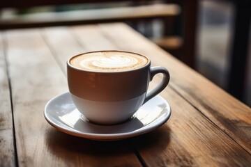 Latte Art in Cup on Saucer and Wood Table