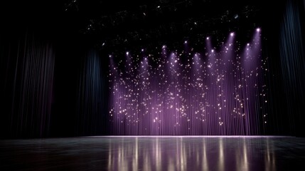 Cascading silver sparkles and soft purple lighting enhance the elegant atmosphere of a grand theater stage framed by luxurious velvet curtains