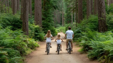 Fototapeta premium Family Cycling Through Forest Path with Ferns and Tall Trees