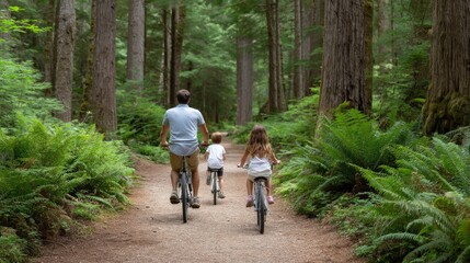 Fototapeta premium Family Cycling Along Forest Trail Outdoors Active Lifestyle