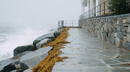 Fototapeta premium Waves fiercely crash against jagged rocks, revealing a crumbling stone wall. Seaweed clings to the debris along the wet coastal walkway in stormy weather