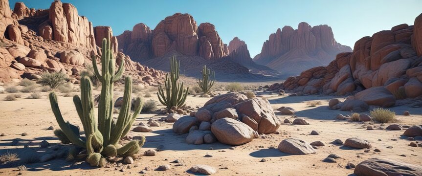 Solarized desert landscape with cacti and rocks, landscape, scenic, arid