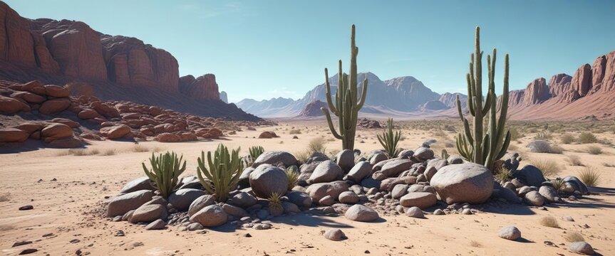 Solarized desert landscape with cacti and rocks, scenic, sandy