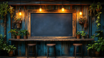 Rustic wooden bar with chalkboard, plants, and Edison bulbs