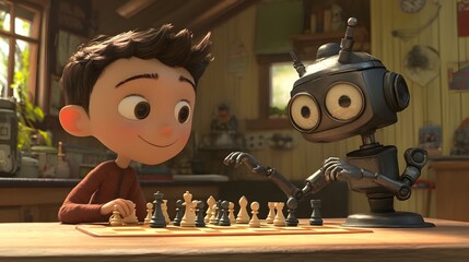 A charming illustration of a boy and robot playing chess.