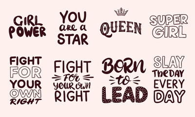 Fototapeta premium Collection of Lettering about Girl Power. Hand Drawn Vector Art. 