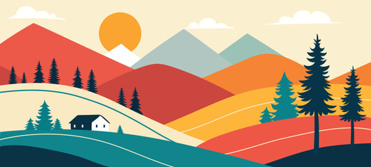 Abstract Autumn Landscape with House and Pine Trees. Hand Drawn Vector Art.