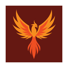 Majestic phoenix bird illustration with vibrant orange and yellow colors on a brown background