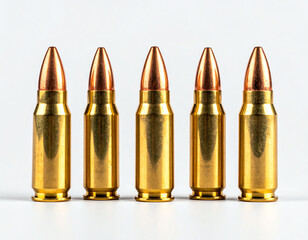 Five shiny, brass-colored bullets with copper tips are lined up in a row against a plain background, showcasing their precise design and craftsmanship
