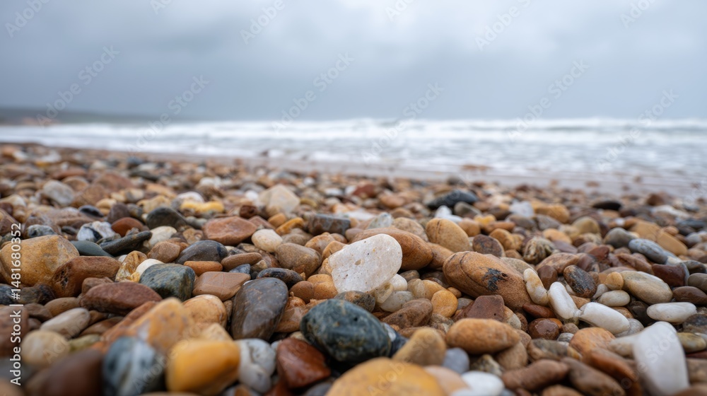Poster A variety of smooth pebbles covers a rocky shoreline while waves gently crash in the background. Storm clouds loom overhead, creating a moody atmosphere