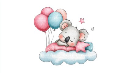 Watercolor Koala Dreaming on Clouds - Cute koala sleeping peacefully on a fluffy cloud, surrounded by pastel balloons and stars. Symbolizing dreams, serenity, sweetness, childhood, and tranquility