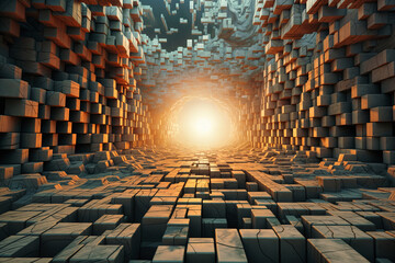 Abstract tunnel, with glowing light at the end. The walls are composed of geometric cubes, offering an impression of depth and surrealism.