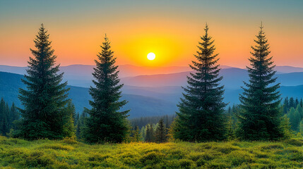 Serene sunset over layered mountain range, three evergreen trees in foreground
