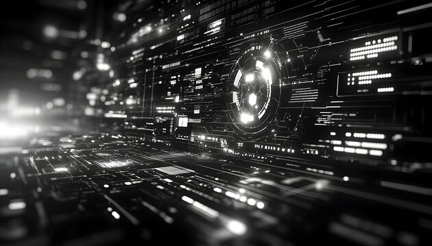 Futuristic digital interface with glowing lines and data streams, creating a sense of depth and technological advancement