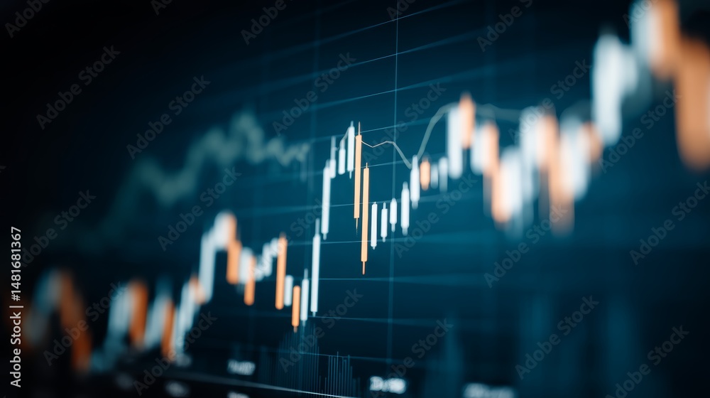 Poster A digital dashboard features glowing stock market graphs and data streams on a deep navy background, illustrating the dynamics of financial technology