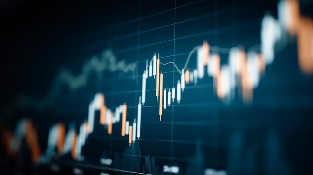 A digital dashboard features glowing stock market graphs and data streams on a deep navy background, illustrating the dynamics of financial technology - Powered by Adobe