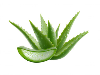 Fresh aloe vera plant with sliced leaf showcasing natural healing properties and hydration against a clean white background for skincare and wellness promotion.