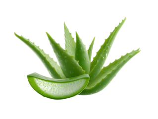 Fresh aloe vera plant with sliced leaf showcasing natural healing properties and hydration against a clean white background for skincare and wellness promotion.