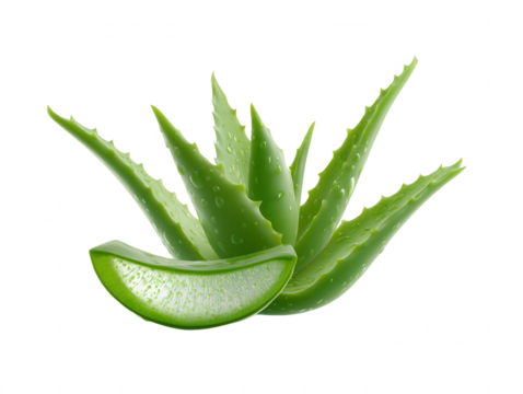 Fresh aloe vera plant with sliced leaf showcasing natural healing properties and hydration against a clean white background for skincare and wellness promotion.