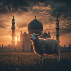 Eid al-adha celebration: lamb and sheep grazing in front of a mosque at sunrise
