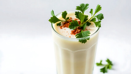 Indian Buttermilk (Chaas) in a Tall Glass with Cumin and Coriander Garnish.