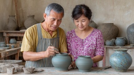 Couple Creating Pottery Together in Workshop Setting
