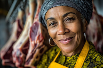 Close up, Portrait of a female butcher's shop owner