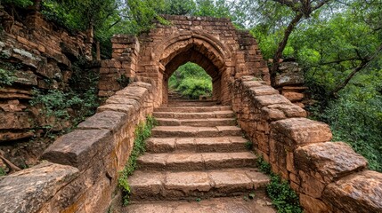 Ancient Stone Archway and Staircase in Lush Foliage