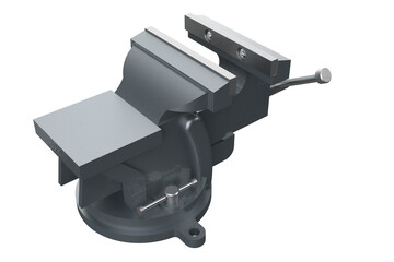 Heavy duty grey metal workshop vice tool for securely gripping and holding workpieces. Isolated industrial equipment element on a PNG Transparent HD Background for various design projects.