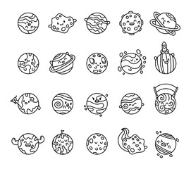 Adorable planet character set with charming smiling emotions and cute poses like sleeping, kissing, laughing, celebrating, dreaming, and flying in space for yours childrens projects