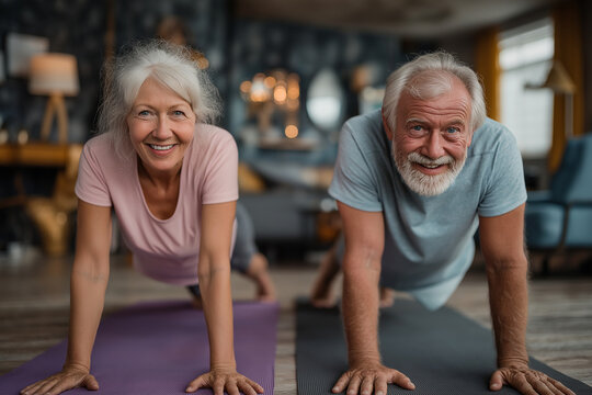 A happy senior couple doing yoga in their living room, both smiling and stretching on purple yoga mats with gray accents. The woman is wearing a pink short-sleeved top, while the m
