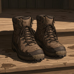 Muddy Hiking Boots Resting on Wooden Steps