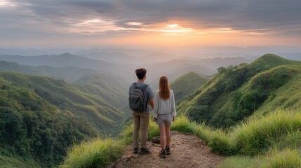 Obraz premium Couple Enjoying Mountain View at Sunrise Together Outdoors