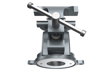 Heavy duty grey metal workshop vice tool for securely gripping and holding workpieces. Isolated industrial equipment element on a PNG Transparent HD Background for various design projects.