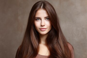 Naklejka premium Portrait of Young Woman with Long Brown Hair Smiling
