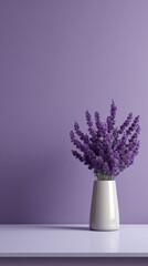 Purple lavender bouquet in a white vase against a soft violet wall in an elegant interior setting