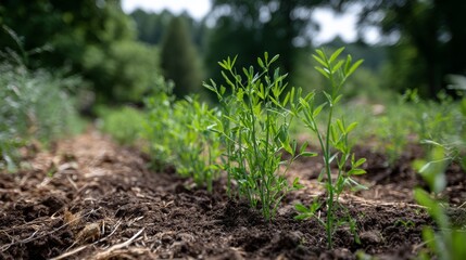Tender green pea shoots rise from loamy soil in a sunlit field, representing growth and the potential for a rich harvest during the vibrant growing season
