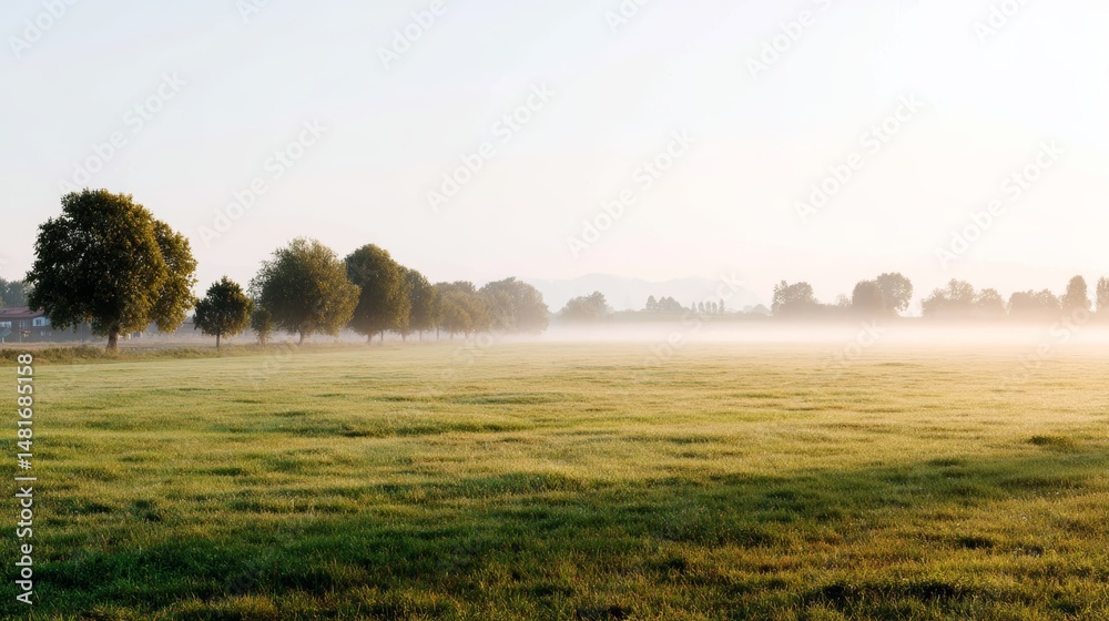 Aufkleber a tranquil meadow at dawn showcases dew-covered grass and trees enveloped in morning mist, creating 