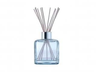 A stylish diffuser with wooden sticks sits against a white backdrop to infuse a room with a refreshing aroma and elevate the ambiance of the interior space.