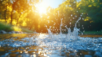 Ephemeral Liquid Sculpture Sun Kissed Droplets Dancing on Tranquil River Surface