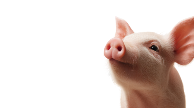 A piglet with pink skin and a curious gaze looks towards something outside the frame in a photo with a white background. 