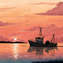 Fototapeta premium Sunset Seascape A Simple Clipart of Ocean Fishing Boat Silhouette
