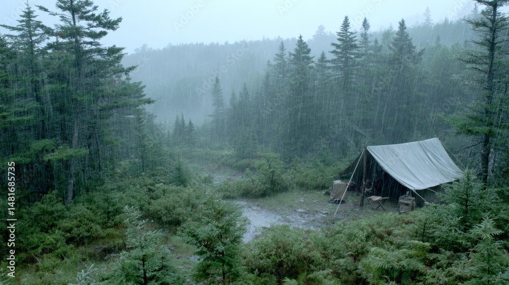 Poster a single tent stands amidst a dense green forest, drenched in heavy rain. raindrops fall softly, and