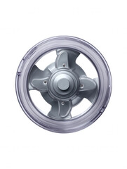 Obraz premium A close-up shot showcases the intricate design of a silver food processor blade attachment, set against a clean white background with a transparent casing around it.