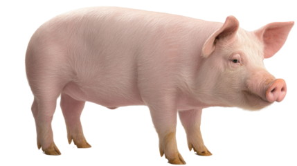 A healthy pink pig stands against a white background, showcasing its smooth skin and gentle expression. The image is perfect for agricultural, culinary, or children's themes. 
