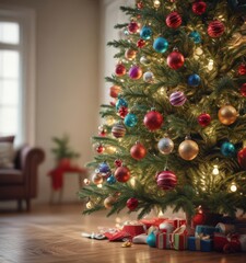 A brightly lit Christmas tree, its colorful ornaments sparkling against a soft light blur ,  festive background,  festive,  bright