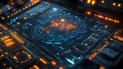 Futuristic technological interface with glowing circular display, intricate circuitry, and vibrant orange and blue accents